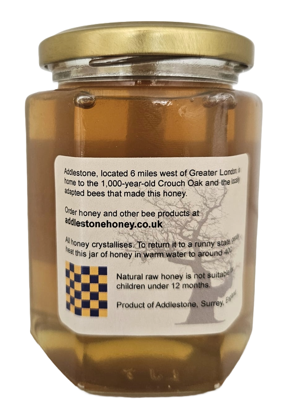 The back of a jar of local pure raw wildflower honey