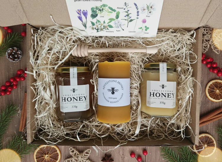 Pure raw honey and beeswax gift boxes