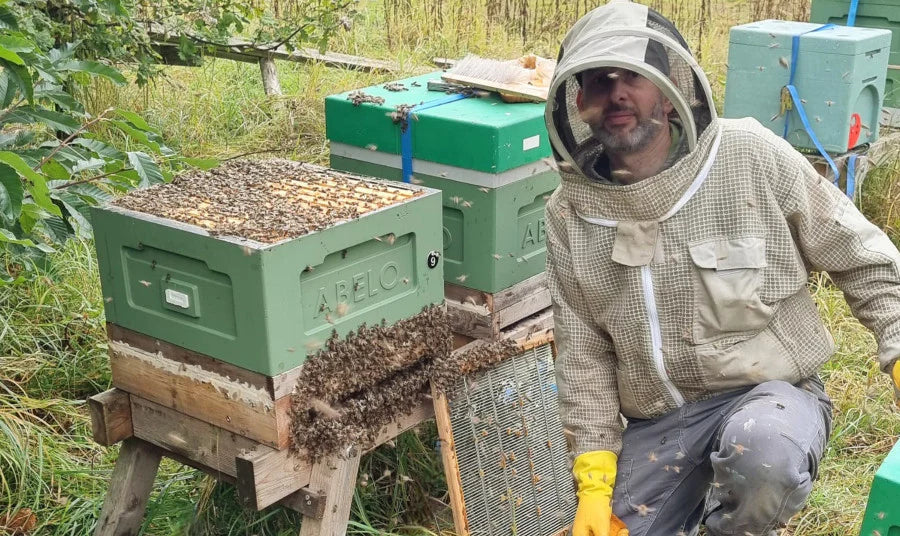 Person in a beekeeping suit next to honeybee hives, outdoors.