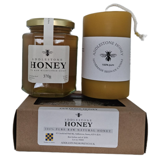 Beeswax pillar candle, raw pure honey, cut honeycomb.