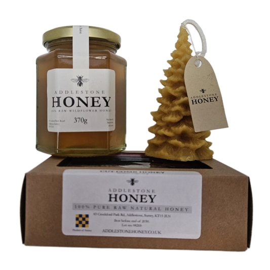 Pure beeswax  fir tree candle, raw cut honeycomb 370g raw runny honey.